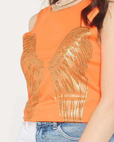 Orangefarbenes Damentop mit goldenem Flügelaufdruck - Kleidung