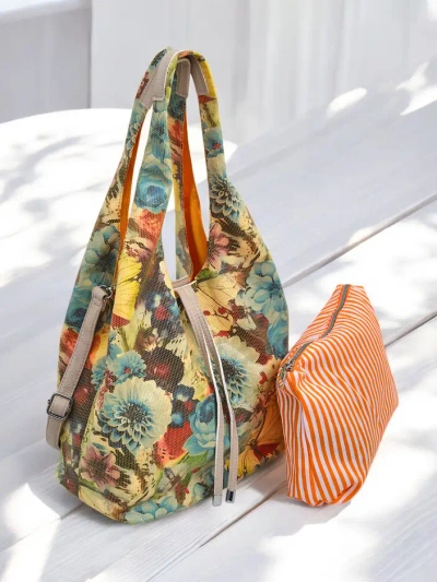 Royalfashion Große Stofftasche mit Blumen, mit einem Kosmetiktäschchen und Magnetverschluss