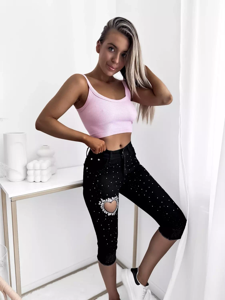 Schwarze 3/4-Denim-Shorts mit Zirkonen - Kleidung