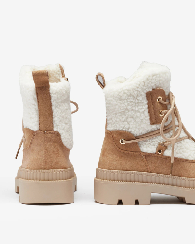 Royalfashion Beige Damen Trapperstiefel mit Schafsfell Getatsa