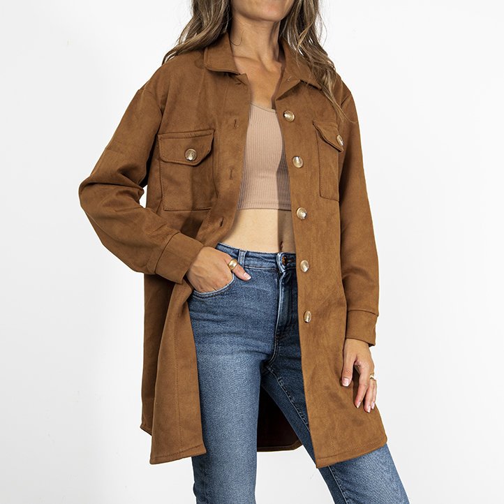 Braune Oversize-Hemdjacke aus Öko-Wildleder für Damen - Kleidung
