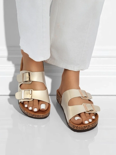 Damen Sandalen Royalfashion Aurelia gold – flache Pantoletten aus Öko-Leder (Größe 39)