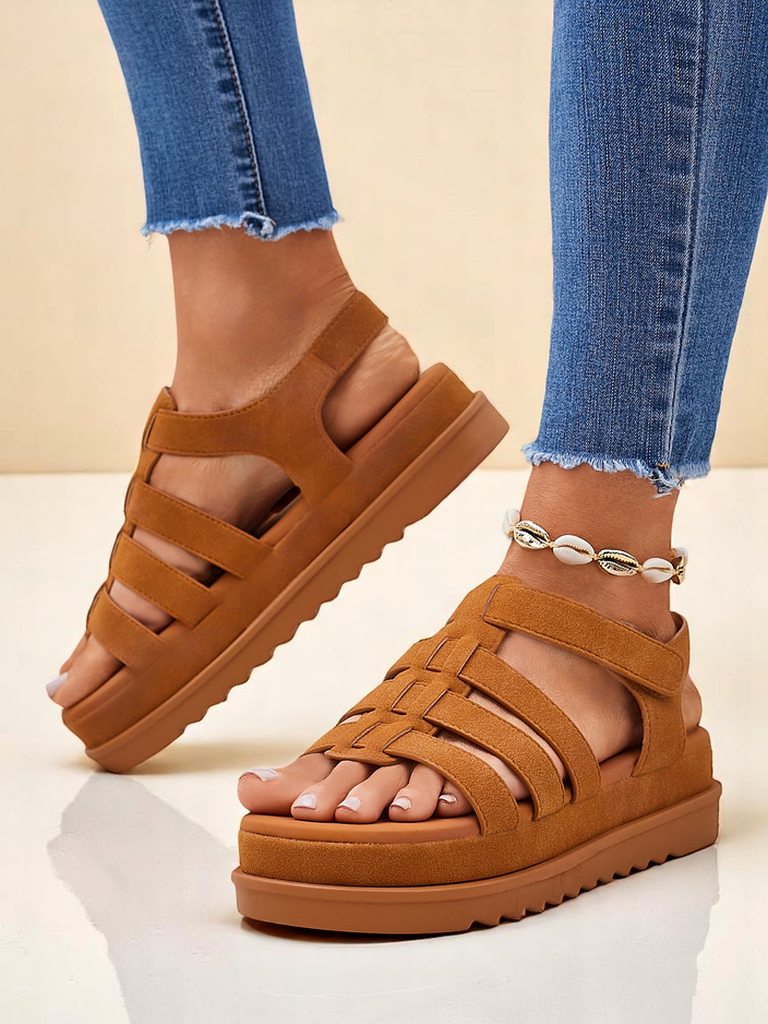 Callista Camel Damen Plateausandalen von Royalfashion aus ökologischem Leder