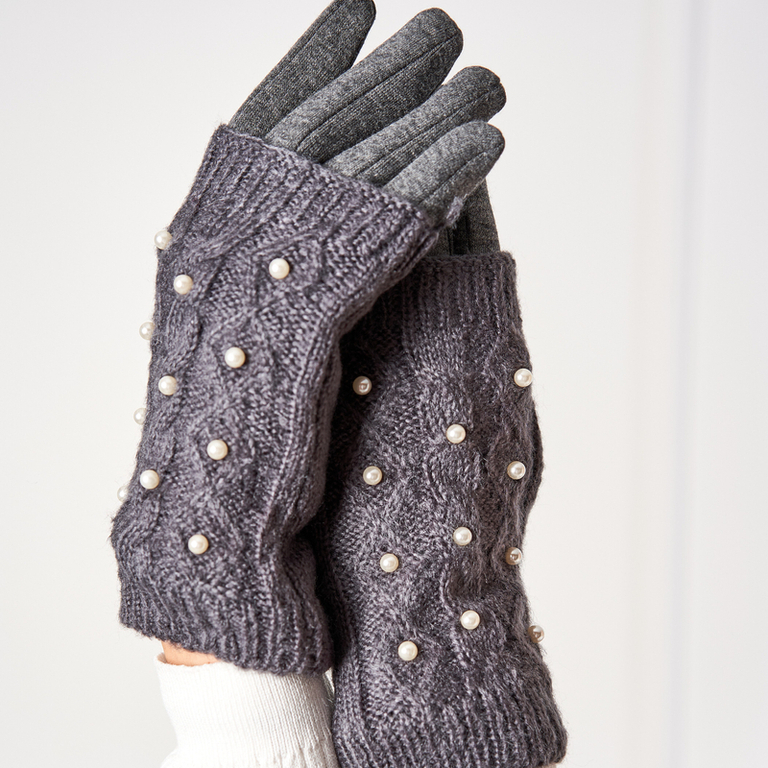 Dunkelgraue Damenfäustlinge mit Perlen - Fäustlinge