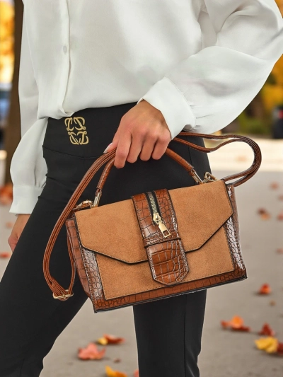Damen Handtasche Callista aus Wildleder- und Lack-Öko-Leder, braun