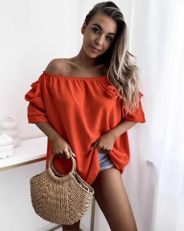 Royalfashion Orange Damenbluse a'la Spanische Bluse mit Blume