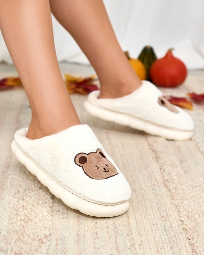 Royalfashion Weiße Damen-Pelzpantoffeln mit Teddybär Hettres