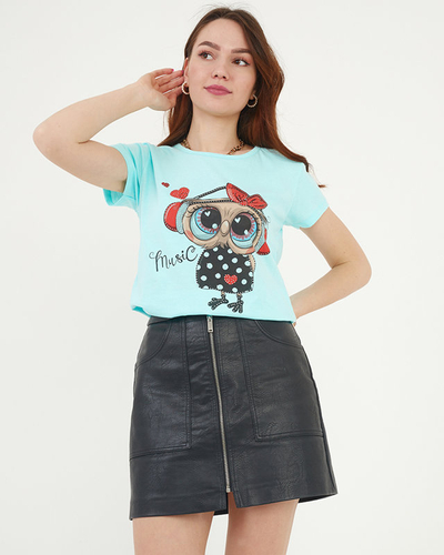 Damen-T-Shirt mit Eulen-Print in Mintfarbe - Bekleidung