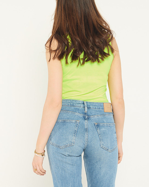 Неоновий жовтий топ на бретелях з принтом і цирконами