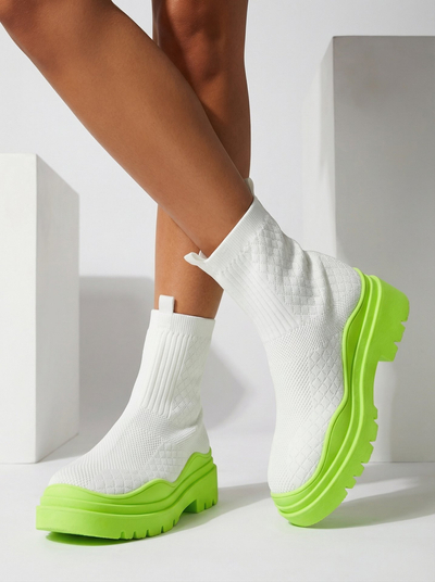 Weiß-grüne Damenstiefel mit flachem Absatz Seritis - Footwear