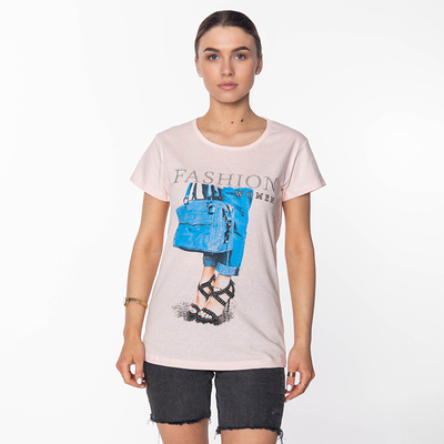 Puderfarbenes Damen-T-Shirt mit FASHION-Clothing-Aufdruck