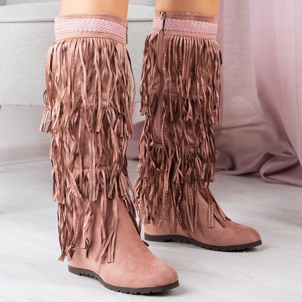 Rosa Stiefel mit Keilabsatz und Bahroma-Fransen - Schuhe