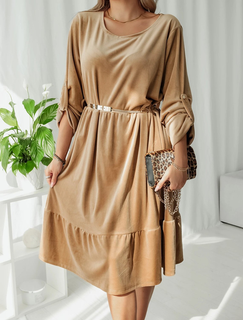 Жіноча велюрова сукня Royalfashion бежева з декоративним поясом