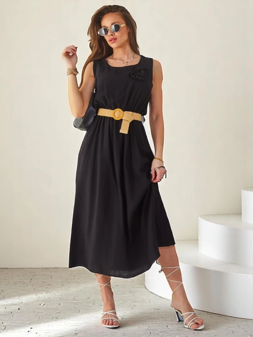 Royalfashion Жіноча міді-сукня на бретелях, що має круглий виріз із декоративною квіткою