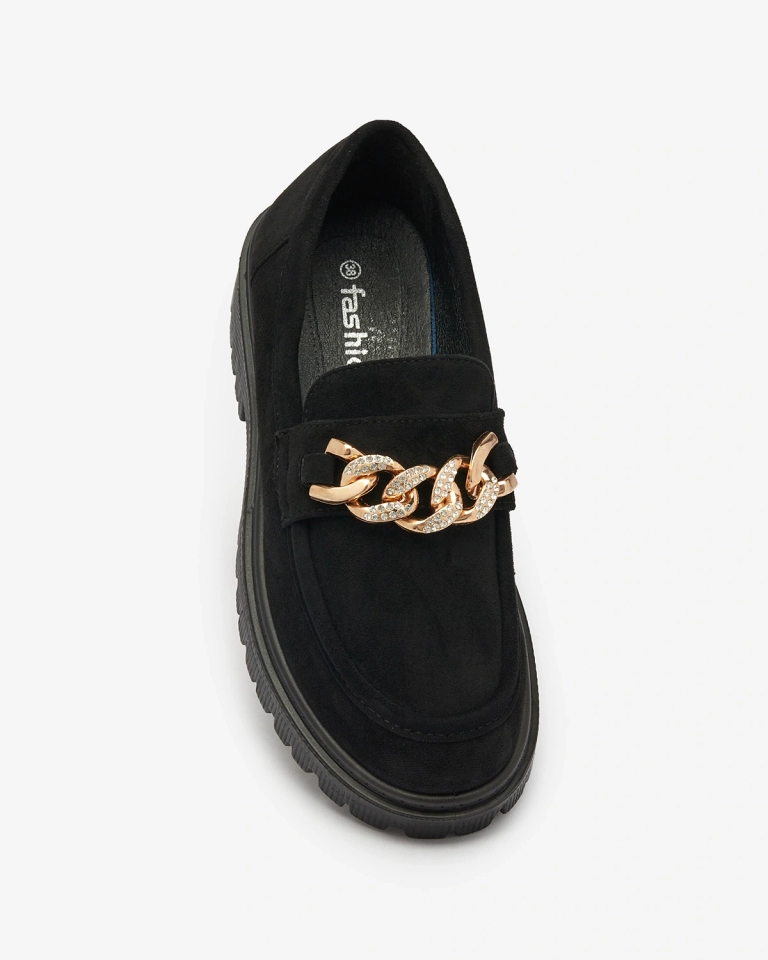 Royalfashion Damen Mokassins in schwarz mit goldenem Ornament Efehhi