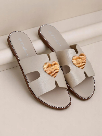 Royalfashion Damen Pantoletten mit flacher Sohle Heart Chic