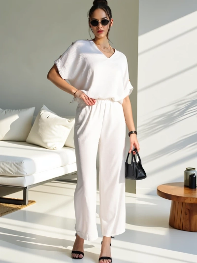Royalfashion Damen Freizeit-Set mit kurzer Bluse und weiter Hose
