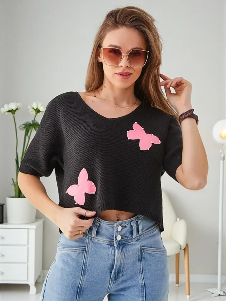 Royalfashion Damen Baumwollkurzpullover mit Schmetterlingen