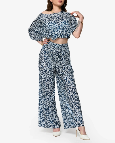 Marineblaues Plissee-Set für Damen mit schwarzen Blumen - Kleidung