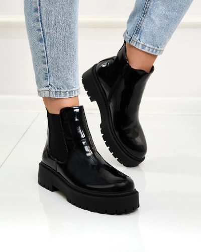 Royalfashion Schwarz lackierte Damenstiefel ohne Absatz Glossy Chic Stiefel