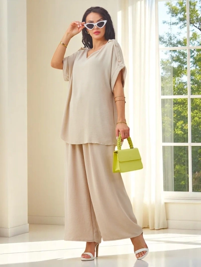 Royalfashion Damen Baumwollset mit kurzen Ärmeln und ausgestellten Hosen