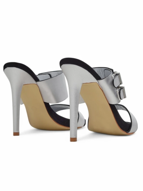 Босоніжки Aletheia срібні на шпильці 12см екошкіра з ремінцями