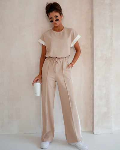 Royalfashion Damen Baumwollset mit kurzen Ärmeln und weiten Hosen