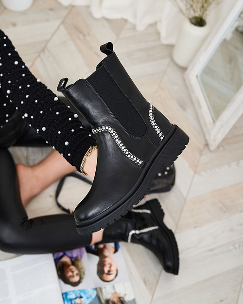 Royalfashion Чорні жіночі високі черевики з кристалами Seysiella