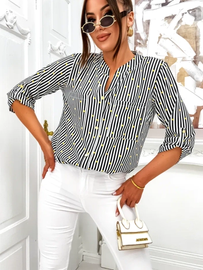 Royalfashion Damen gestreiftes Hemd mit Zitronen und V-Ausschnitt