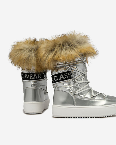 Royalfashion Kinder Schlupfschuhe a'la Schneestiefel mit Fell in silber Asika