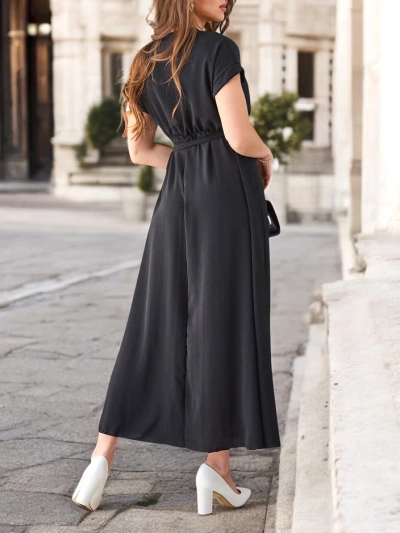 Royalfashion Damen-Midikleid mit Wickelausschnitt, kurzen Ärmeln und einem Gürtel