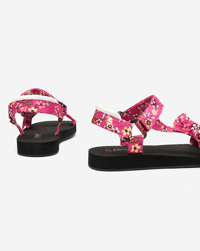 Schwarze Damensandalen mit rosa Blumenstreifen - Schuhe