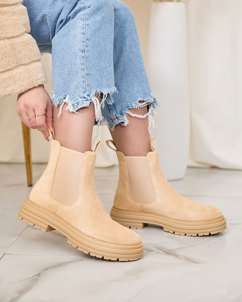 Royalfashion Beige Damenstiefel mit Zierriemen Loffdo