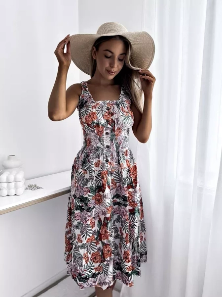 Weißes knielanges Damenkleid mit Blumenmotiv- Kleidung