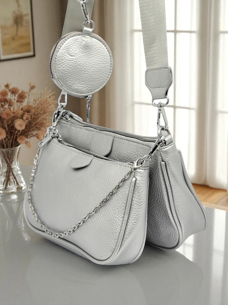 Aurelia Multi Silver – 3-in-1 Damenhandtasche aus Öko-Leder mit runder Tasche