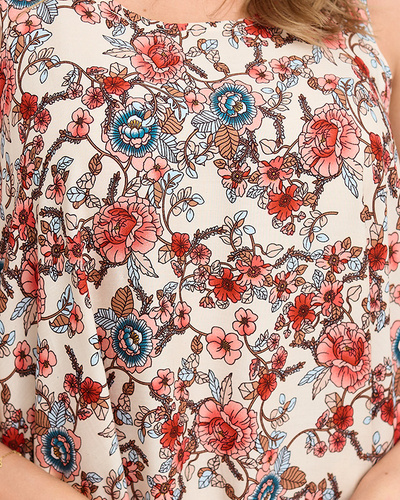 Asymmetrisches beiges Damenkleid mit roten Blumen- Kleidung