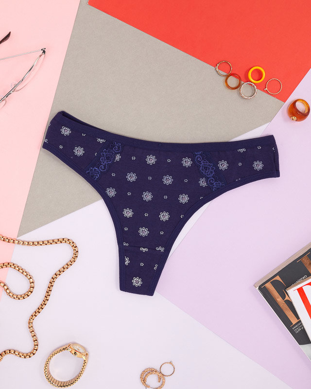 Marineblauer Damen-String aus Baumwolle mit Blumen - Unterwäsche