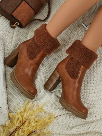 Damen Stiefeletten aus Öko-Leder mit Blockabsatz und Strick Tirave