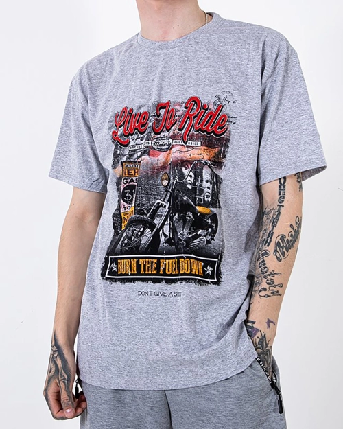 Graues Herren-T-Shirt aus Baumwolle mit Aufdruck und Aufschrift - Bekleidung
