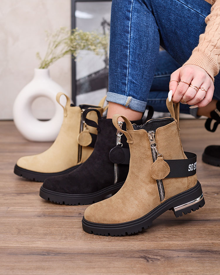 Royalfashion Braune Stiefel aus Öko-Wildleder mit Riemen und Reißverschlüssen Redmisala