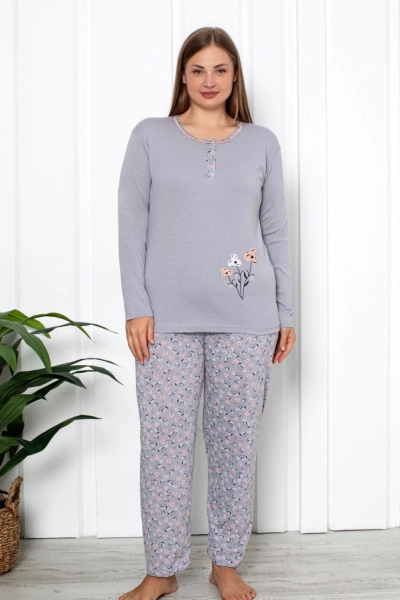 Royalfashion Baumwoll Damen 2-teilige Blumen Schlafanzug XXXL