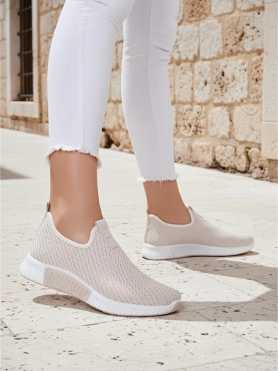 Damen-Sneakers beige Eulalia Slip-On flacher Absatz Stoff Sommer Frühling