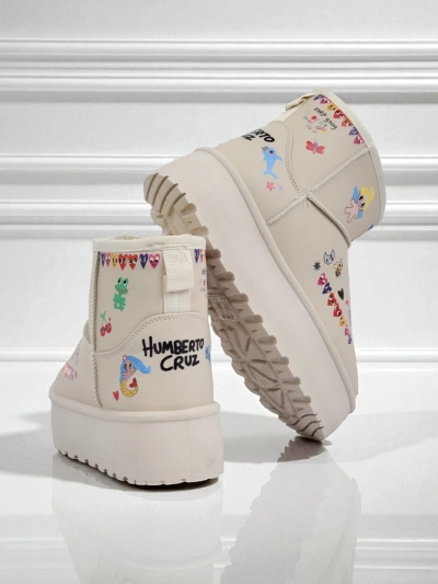 Lemuria Stiefeletten - Cremefarbene Doodle Schneestiefel mit dicker Furrini Sohle