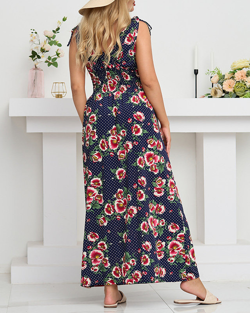 Жіноча темно-синя сукня максі з червоними квітами - Одяг