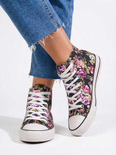 Жіночі високі чорні кеди Royalfashion з квітковим принтом Soxic