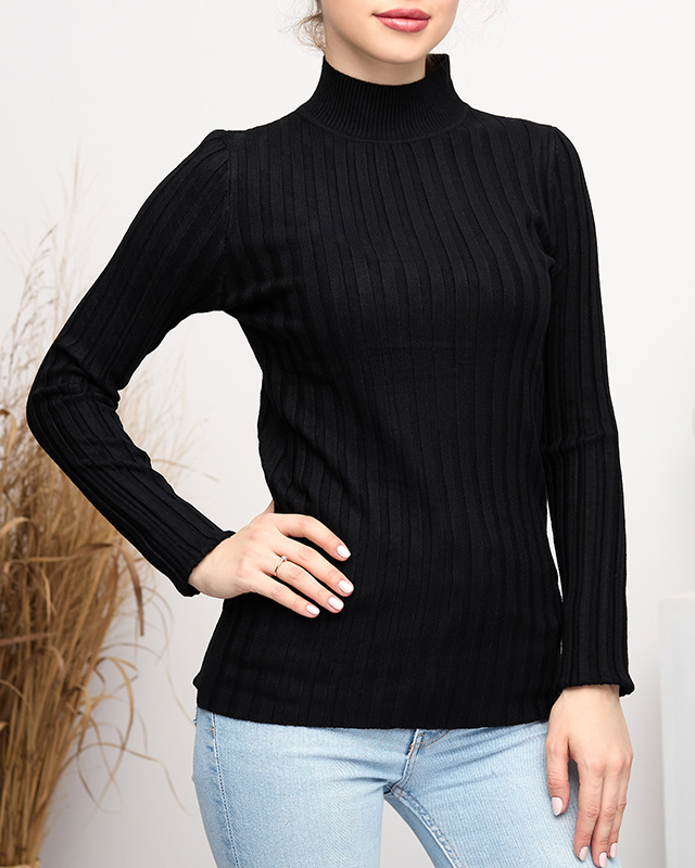 Schwarzer gerippter Damenpullover mit Stehkragen - Kleidung