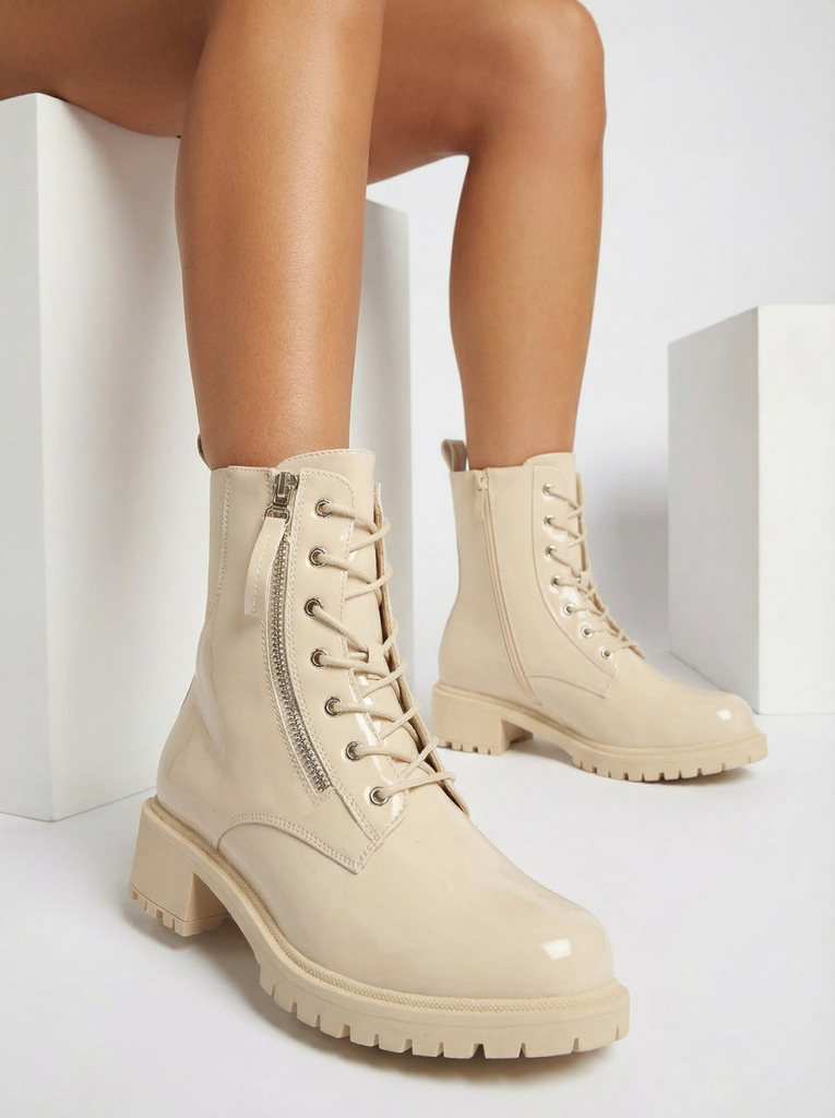 Royalfashion Beige Öko-Leder Damen Seddaga Baggerstiefel