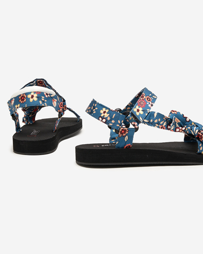 Schwarze Damensandalen mit blauen Streifen mit Lilienblüten - Schuhe