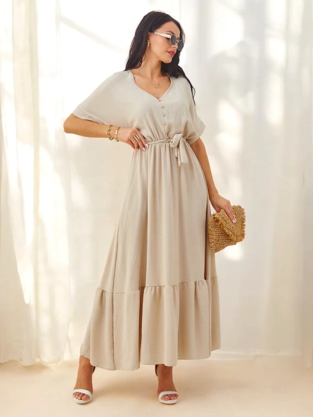 Royalfashion Damen-Midikleid mit kurzen Ärmeln und dekorativen Knöpfen