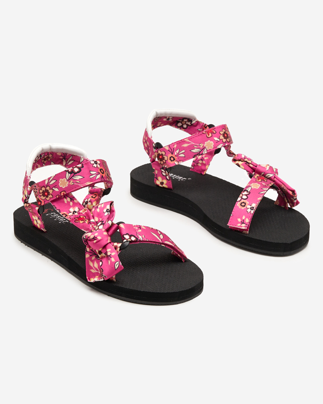 Schwarze Damensandalen mit rosa Blumenstreifen - Schuhe